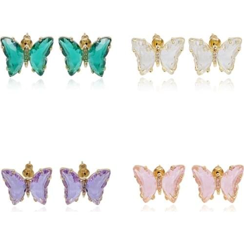 New Fashion Cute Rhinestone Gold Color Butterfly Stud Earrings For Women Crystal Pink/Blue/White/Green/Purple Earring Gifts