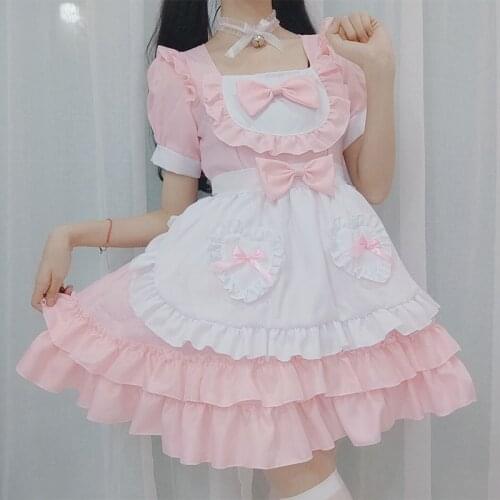 Anbenser Adult Summer kawaii Lolita Dress Halloween Cosplay Costume Women Maid Sweet Lolita Pink Princess Party Dress
