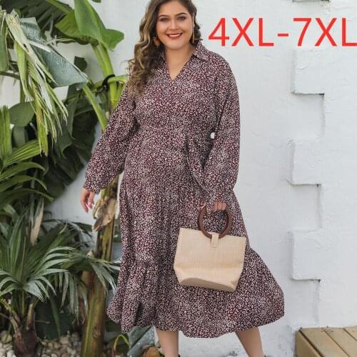 New 2021 spring autumn plus size long dress for women large long sleeve loose casual floral print flower dress 4XL 5XL 6XL 7XL