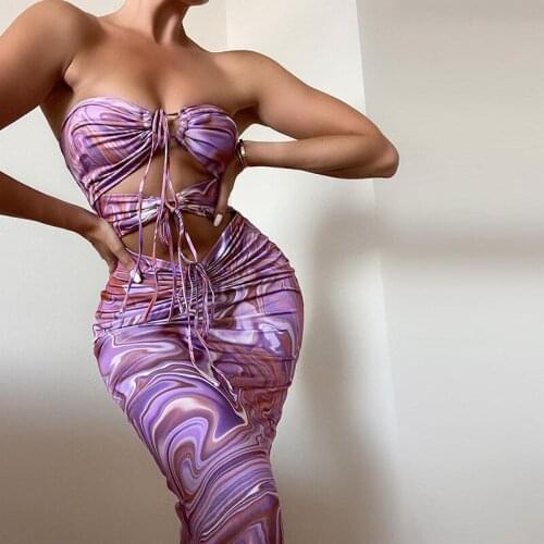 Tie Dye Print Dress Bodycon Hollow Out Sleeveless Backless Lace Up Dresses Sexy Halter Fashion 2021 Summer Club Women Dress