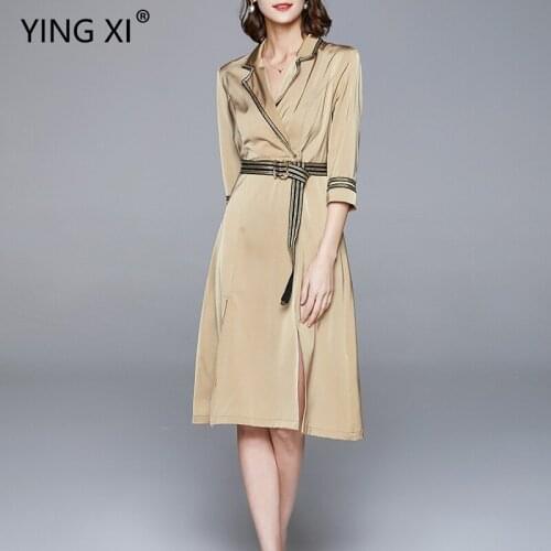 YING XI 2020 Spring And Summer Notched Neck Half Sleeve Kick Pleat Dress Women Solid Office Lady Knee Length Dress