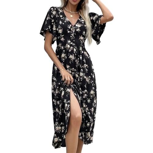 Autumn 2021 Sexy Trumpet Short Sleeve Printed V-neck Shirt Casual Woman Dress Plus Size Clothing for Women Party Black Dress