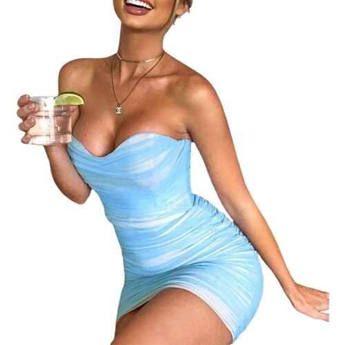 Women Close-fitting Dress Blue Boat Neck Sleeveless Off-the-shoulder Sexy Dresses