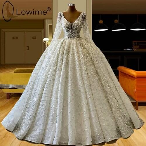 Dubai Long Sleeve Wedding Dresses Sexy V Neck Puffy Ball Gown Luxury Beading Bridal Gowns Robes De mariée