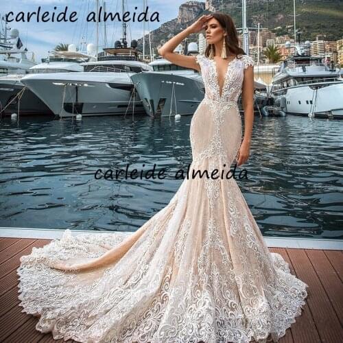 Sexy Back Mermaid Lace Wedding Dresses with Unique Lace Appliques Ivory Champagne Vestidos de novia 2021