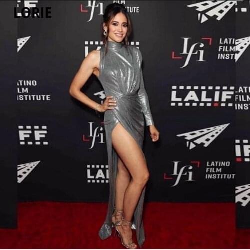 LORIE A-line High Neck One Sleeve Long Evening Dresses 2021 Sexy Side Split Prom Gowns Fromal Pageant Dresses for Women