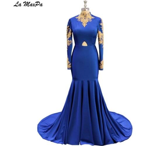 Gold Appliqued Mermaid Royal Blue Long Sleeves Jersey Prom Dress CMT21
