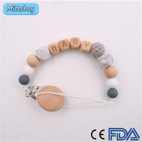 1Pcs Personalized Wooden Name Handmade Beech Pacifier Clips Holder Chain Silicone Dall Pacifier Baby Teether Teething Chain Gift