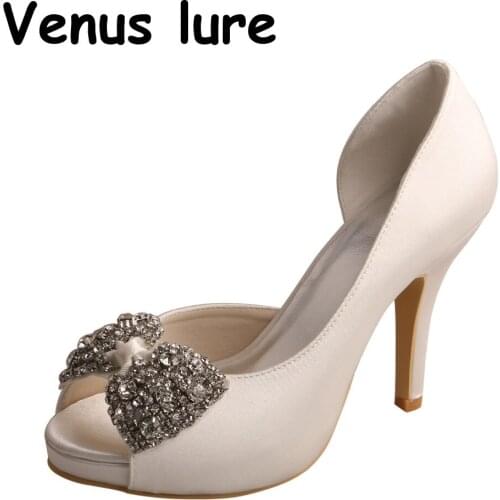 Diamond White Satin Bridal Shoes Peep Toe High Heel Wedding Platform Size 6