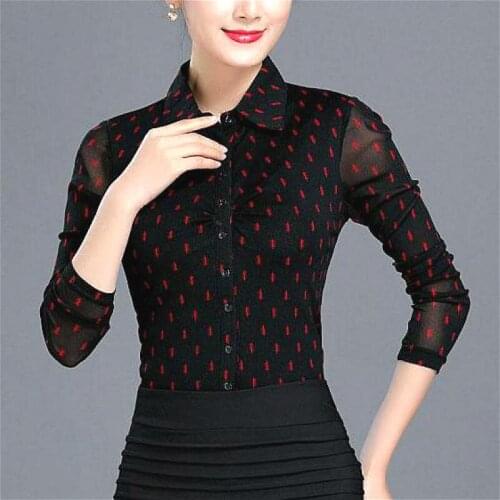 Summer Spring Women Printed Full Sleeve Black Stretch Mesh Blouse Shirt , Slim 4XL Female Woman Painted Cardigan Fall Blouses