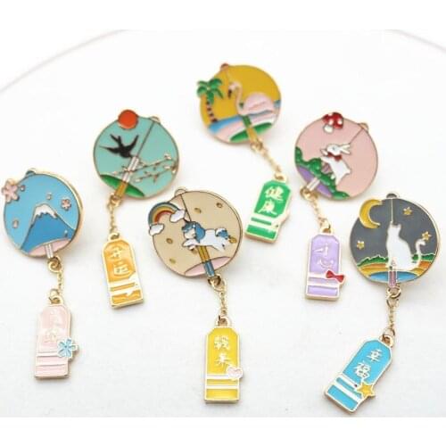 Japanese Style Rabbit Unicorn Mount Fuji Prayer Guard Brooches Cute Cartoon Animals Cat brooches For Girls Student Backpack