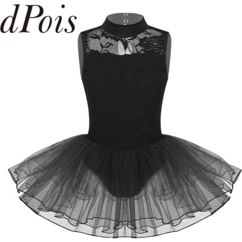 Kids Girls Sleeveless Mock Neck Floral Lace Keyhole Back with Zipper Closure Gymnastics Ballet Dance Leotard Mesh Tutu Dress