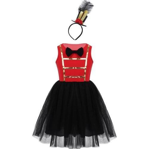 Kids Girls Showman Circus Ringmaster Costumes Dress Bowtie Mesh Tutu Dress for Carnival Halloween Cosplay Party Dress with Hat