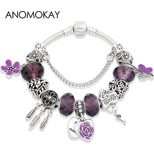 Dropshipping Purple Crystal Flower Heart Charm Bracelet Silver Color Butterfly Deam Catcher Bead Bracelet DIY Fashion Jewelry
