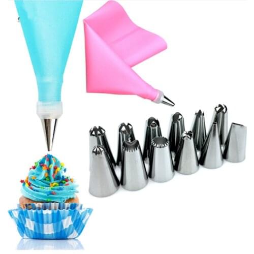 DUOLVQI 14PCS/Set Silicone Icing Piping Cream Pastry Bag +12PCS Stainless Steel Nozzle Cake Decorating Tools Silicone Tools