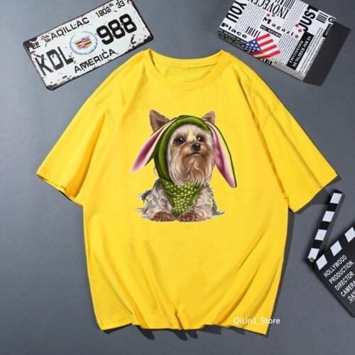 Cute puppy Yorkies animal print t-shirt women clothes 2020 funny yellow solid t shirt femme dog lover female t-shirt streetwear