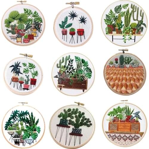 Pot Plant Pattern - Stamped Embroidery Kit with Embroidery Hoop 20cm for Beginners Starters DIY Sewing Crafts