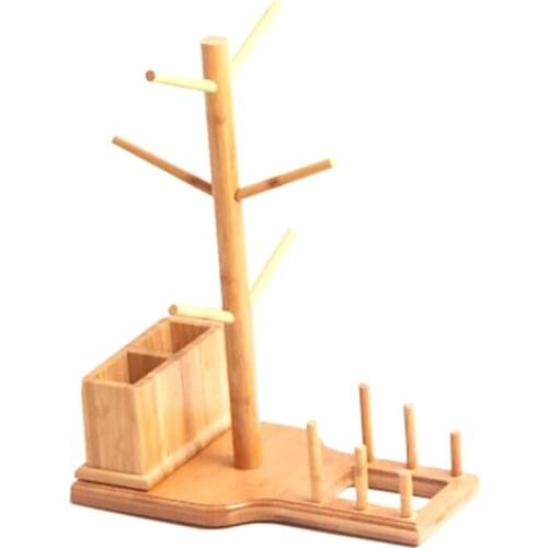 HLZS-6Hooks Cup Holder Tea Set Storage Set Wood Shelf Kitchen Storage Drain Rack Wine Glass Holder Coffee Mug