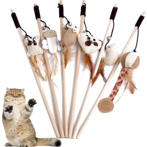 Pet Cat Teaser Toys Feather Linen Wand Cat Catcher Teaser Stick Cat Interactive Toys Wood Rod Mouse Toy With Mini Bell