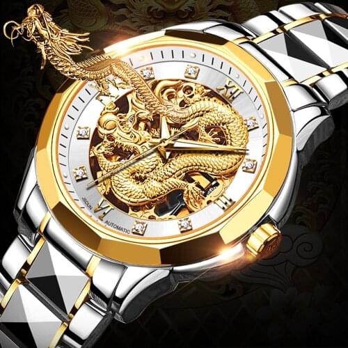 JSDUN Men Automatic Watch Gold Skeleton Brand Luxury Mechanical Wristwatch Tungsten Steel Waterproof Watch Men relogio masculino