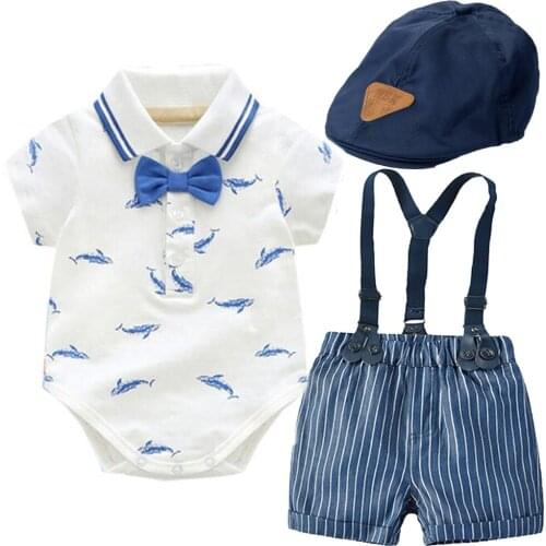 Newborn Baby Formal Cap Clothes Suit for 3-24 Months Boys Clothes Hat + Whale Romper + Suspenders Striped Shorts 5 Pieces/Set