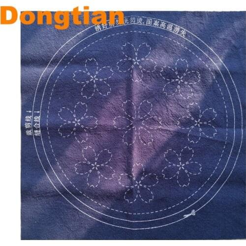 Round Cherry Blossoms Pattern Blue Sashiko Sampler Pre-Printed Sashiko Fabric Heat Erasable Flower Towel