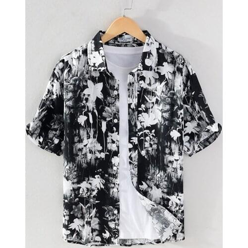1035 Chinese Style Mens Linen Shirts Summer Black White Ink Flower Printing Vintage Casual Fashion Chic Thin Short Sleeve Tops