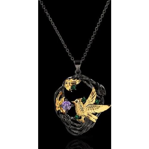 New European and American fashion colored gemstone diamond magpie 14K black gold pendant hollow flower necklace party jewelry