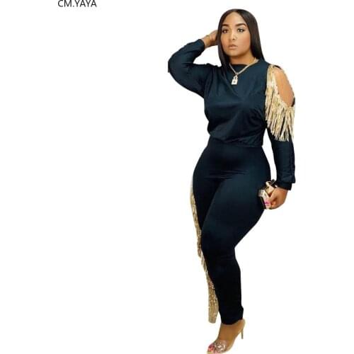 New Autumn Winter Womens Set Tracksuit O Neck Full Sleeve Top Pants Suit Tassel Two Piece Set Casual Night Club Outfits M5124