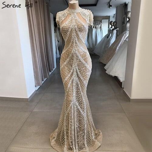 Champagne High Collar Sexy Prom Dresses Mermaid Sequined Short Sleeves Luxury Prom Gowns Design 2020 Serene Hill BLA70196