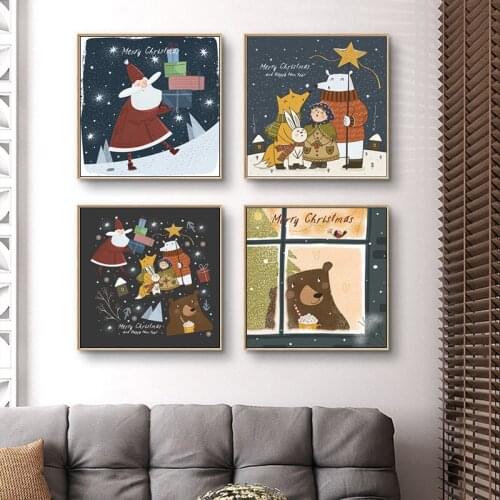 Christmas Wall Art Poster Cartoon Santa Claus Canvas Painting Nordic Decoration Pictures for Living Room New Year Home Decor
