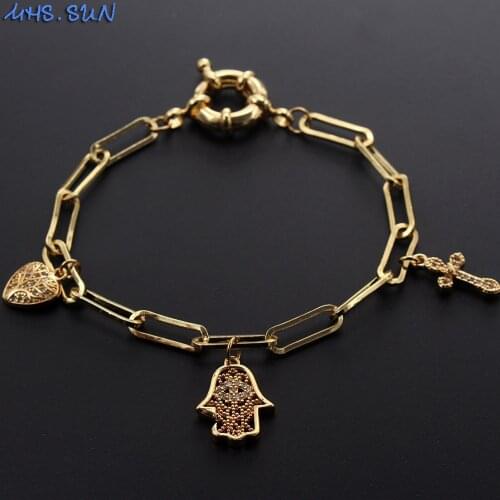 MHS.SUN Trendy Evil Eye Hamsa Hand Bracelet AAA Zircon Chain Bracelet Copper Jewelry With CZ Cross Bangles For Women Party Gift