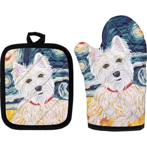 Puppy Dog Westie Prints Kitchen Oven Mitts And Pot Holders Se Microwave BBQ Oven Glove Nonslip Gloves For Potholders Cooking