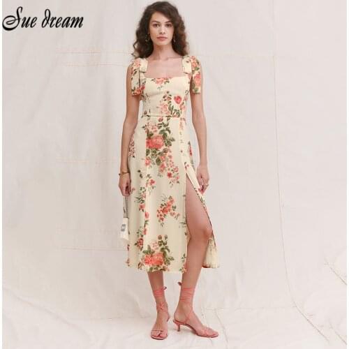 Vintage Printed Bow Midi Dress 2021 New Summer Sleeveless Split Slim Dress Elegant Club Party Dress Vestido