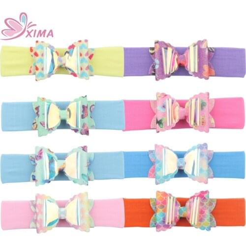 XIMA 8pcs/lot Cute Glitter Hair Bows Nylon Headband With PVC Bow For Elastic Hairband Hair Accessories(1-3 Month Years Old)