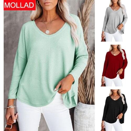 Womens Clothing 2021 Autumn New V-neck Long Sleeve European and American Hot Casual Loose Waffle T-shirt Top
