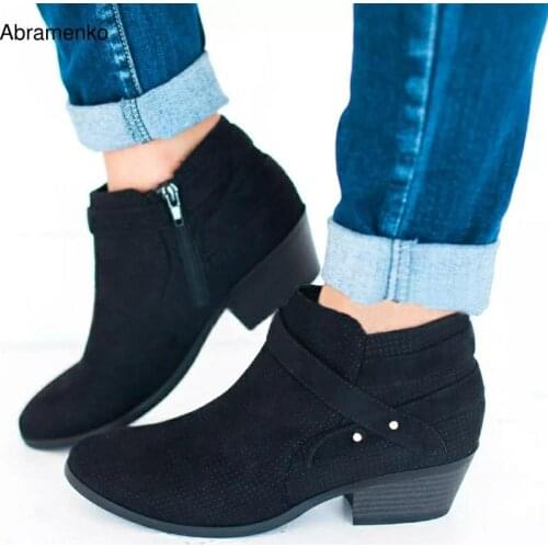 Women Ankle Boots Spring Autumn Ladys Shoes Zip Leather Casual Retro Pointed Toe PU Square High Heels Pumps Plus Size 35-42