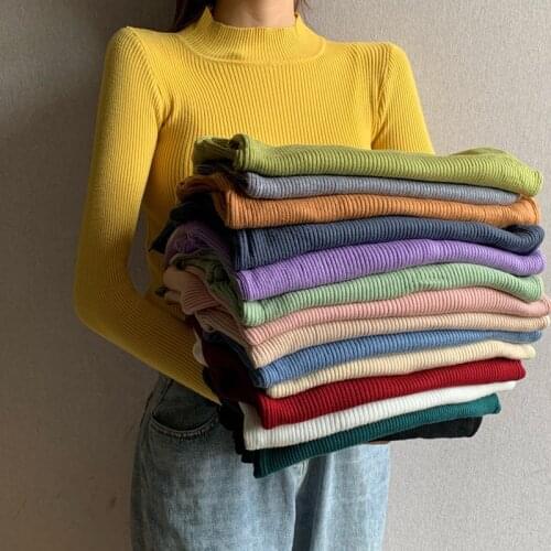 Womens Sweater Autumn and Winter Long-Sleeve Tops for Women Solid Color Pullover Half-High Collar Females Slim Bottoming Shirt