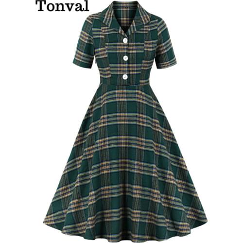 Tonval Turn Down Collar Button Up Green Plaid Vintage 50s Style Robe Women Dress High Waist 2021 Pinup Party Knee Length Dresses