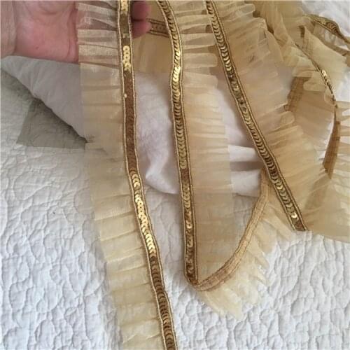10yards/Lot Gold Sequin Mesh Folded Lace Pleated Lace Diy Doll Skirt Clothes Skirt Cuffs Lace Accessories RS777
