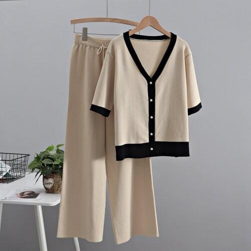 2021 Spring Tracksuits Two Piece Sets Wide Leg Pants Suits for Women Knitted Half Sleeve Two Piece Set Cardigan Women Outfits