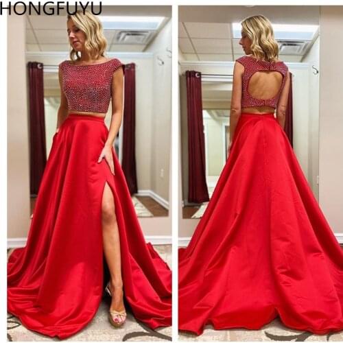 HONGFUYU Luxury Two Pieces Evening Pageant Gowns Crystals Top Satin Formal Dress With Pockets robe de soiree Party Prom Dresses