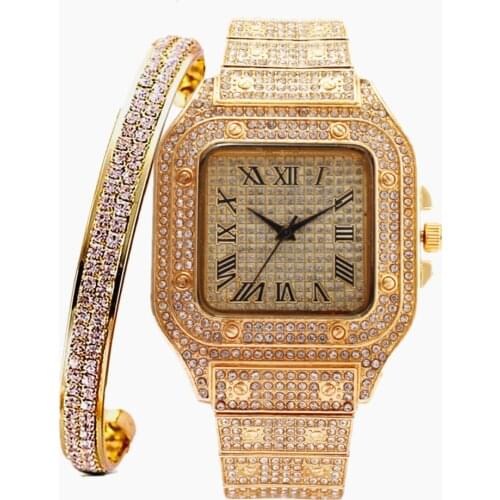 Watch Bangle for Women Bling Miami Bracelet Iced Out Watch for Women Luxury Gold Watch Set Women Jewelry Set Relojes Para Mujer