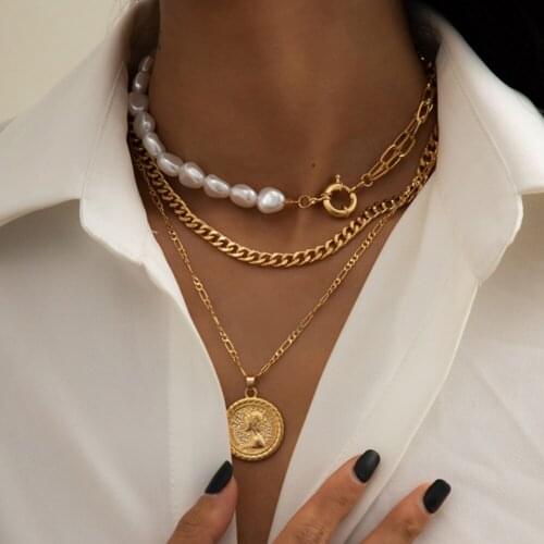 DIEZI Vintage Imitation Pearl Choker Chain Necklace Punk Multilayer Carved Coin Pendant Necklaces Women Collar 2021 New Jewelry