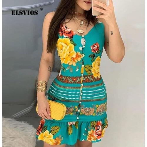 Elegant Buttons V Neck A-Line Party Dress Women Summer Butterfly Floral Print Mini Dress Sexy Sleeveless Strappy Beach Dresses