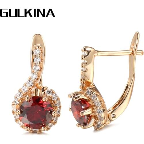 Gulkina Luxury Natural Red Zircon Earrings for Women 585 Rose Gold Crystal Bride Round Earrings Vintage Wedding Trend Jewelry