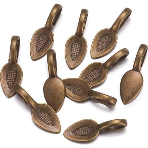 Tibetan Style Glue-on Flat Pad Bails, Lead Free & Nickel Free & Cadmium Free, Antique Bronze, Leaf, 21mm long, 8mm wide, 6mm