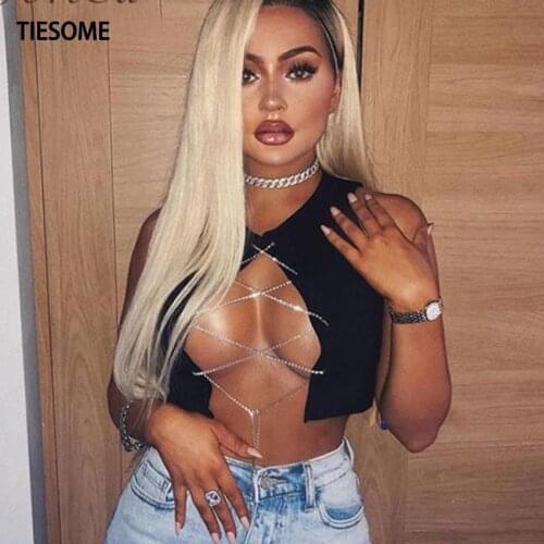 TIESOME Metal Chain Sleeveless Crop Top Sexy Clubwear Women Adjustable Lace Up Hollow Out Tank Tops Tees Camisole 2020 New Femme