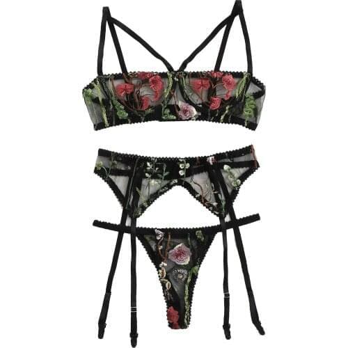 Floral Embroidery Lace Sexy Lingerie Women Underwear Set Sexy Mesh Transparent Sensual Lingerie Hot Erotic Bra Garter Brief Sets