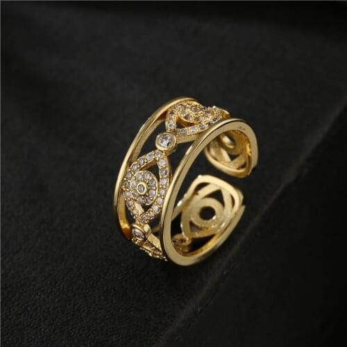 Hot Sale Gold Color Hollow Design Evil Eye Charm Ring For Women Girl Luxury Cubic Zircon Party Jewelry Birthday Gift Adjustable